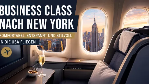 Business Class nach New York mit komfortablem Flugzeugsitz und Blick auf die Skyline von Manhattan durch das Flugzeugfenster.