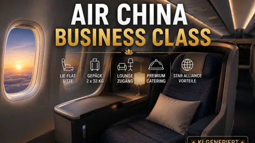 KI-generiertes Titelbild zur Air China Business Class mit stilisierter Premiumkabine und Hinweisen zu Lie-flat-Sitzen, Gep&auml;ck, Lounge und Catering.