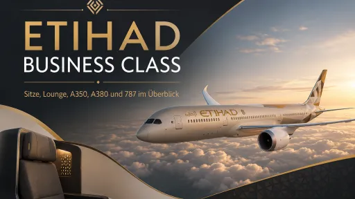 Etihad Business Class mit Etihad Langstreckenflugzeug &uuml;ber den Wolken und Business-Class-Sitz im Vordergrund.