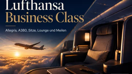 KI-generiertes Titelbild zur Lufthansa Business Class mit stilisierter Premiumkabine, Flugzeug &uuml;ber den Wolken und Informationen zu Allegris, A380, Sitzen, Lounge und Meilen.
