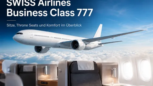 SWISS Airlines Business Class 777 mit Boeing 777 &uuml;ber den Wolken und Business-Class-Sitz im Vordergrund.