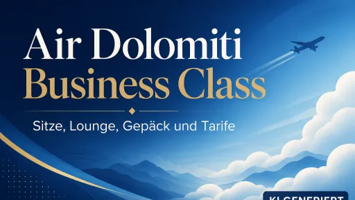 KI-generiertes Titelbild zur Air Dolomiti Business Class mit stilisierter Flugzeug-Illustration &uuml;ber den Wolken und Hinweisen zu Sitzen, Lounge, Gep&auml;ck und Tarifen.