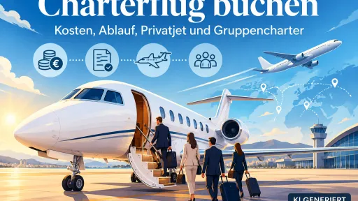 KI-generiertes Titelbild zum Thema Charterflug buchen mit stilisiertem Privatjet, Reisenden, Flughafen und grafischen Symbolen f&uuml;r Kosten, Ablauf und Gruppencharter.