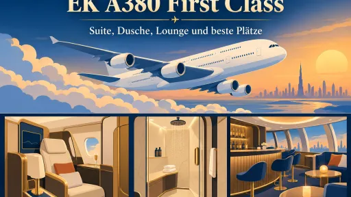 KI-generiertes Titelbild zur EK A380 First Class mit stilisiertem Airbus A380, privater First-Class-Suite, Borddusche und Lounge &uuml;ber Dubai.