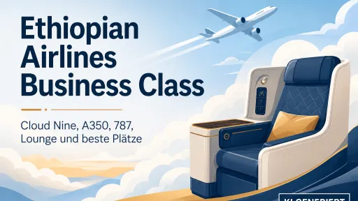 KI-generiertes Titelbild zur Ethiopian Airlines Business Class mit stilisiertem Business-Class-Sitz, Flugzeug &uuml;ber den Wolken und Hinweisen zu Cloud Nine, A350, 787, Lounge und besten Pl&auml;tzen.