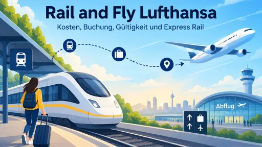 KI-generiertes Titelbild zu Rail and Fly Lufthansa mit stilisiertem Zug, Flugzeug, Flughafen und Reisender mit Koffer zur Bahn- und Fluganreise.