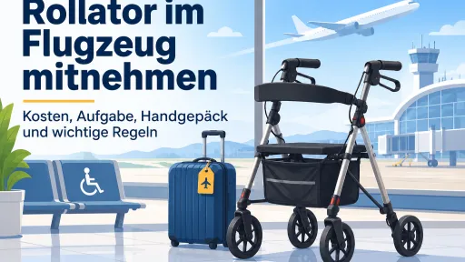 KI-generiertes Titelbild zum Thema Rollator im Flugzeug mitnehmen mit stilisiertem Rollator, Koffer, Flughafen und Flugzeug sowie Hinweisen zu Kosten, Aufgabe, Handgep&auml;ck und wichtigen Regeln.