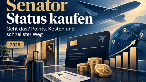 KI-generiertes Titelbild zum Thema Senator Status kaufen mit stilisiertem Flugzeug, Reisekarte, Statuskarte, Punkten und Kosten als grafische Symbole.