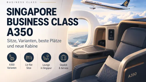 KI-generiertes Titelbild zur Singapore Business Class im Airbus A350 mit stilisiertem Business-Class-Sitz, Wolkenblick und Hinweisen zu Long Haul, Medium Haul, ULR, SilverKris Lounge und Gep&auml;ck.