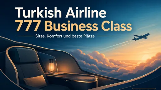 KI-generiertes Titelbild zur Turkish Airline 777 Business Class mit stilisierter Business-Class-Suite, Flugzeug &uuml;ber den Wolken und Hinweisen zu Sitzen, Komfort und den besten Pl&auml;tzen.