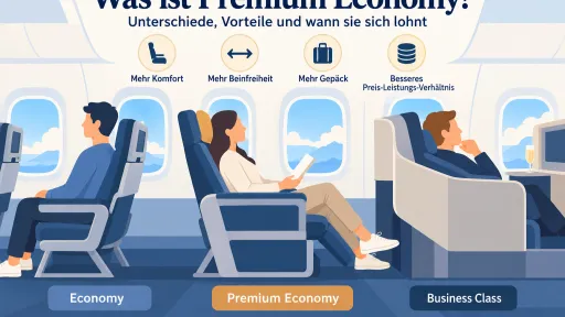 KI-generiertes Titelbild zum Vergleich von Economy, Premium Economy und Business Class mit stilisierten Flugzeugsitzen sowie Hinweisen zu mehr Komfort, Beinfreiheit, Gep&auml;ck und Preis-Leistungs-Verh&auml;ltnis.