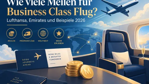 KI-generiertes Titelbild zur Frage, wie viele Meilen f&uuml;r einen Business-Class-Flug ben&ouml;tigt werden, mit stilisiertem Business-Class-Sitz, Flugzeug, Weltkarte und Meilen-Symbolen.