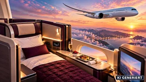 KI-generiertes Titelbild zur Qatar 787 Business Class mit stilisiertem Boeing-787-Langstreckenjet, Business-Class-Suite, Lie-flat-Bett und Sonnenuntergang.