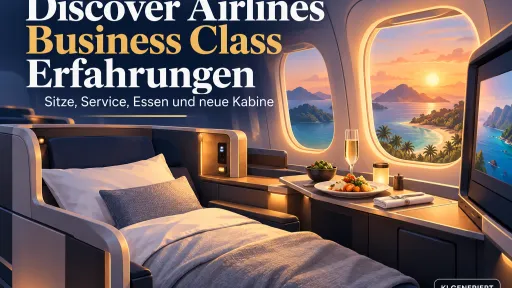 KI-generiertes Titelbild zu Discover Airlines Business Class Erfahrungen mit stilisiertem Business-Class-Sitz, Lie-flat-Bett, Bordmen&uuml; und Fernreiseziel bei Sonnenuntergang.