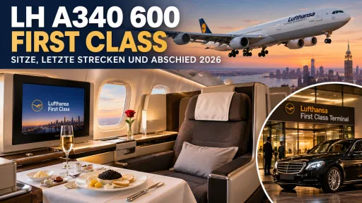 KI-generiertes Titelbild zur LH A340 600 First Class mit stilisiertem Airbus A340-600, First-Class-Sitz, Caviar Service und Hinweis auf die letzten Strecken 2026.