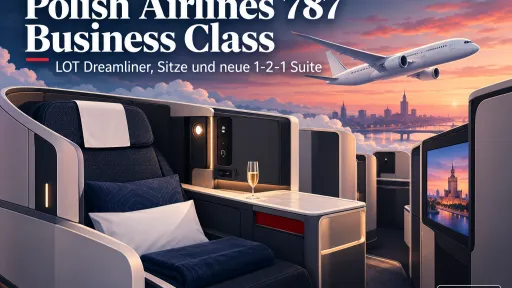 KI-generiertes Titelbild zur Polish Airlines 787 Business Class mit stilisierter Dreamliner-Illustration, moderner Business-Class-Suite und Warschau im Hintergrund.