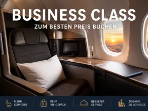 Business Class Flugzeug Sitz mit Luxus Ausstattung und Fensterblick &uuml;ber den Wolken