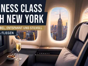 Business Class nach New York mit komfortablem Flugzeugsitz und Blick auf die Skyline von Manhattan durch das Flugzeugfenster.