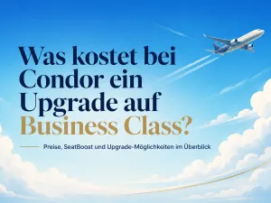 Was kostet bei Condor ein Upgrade auf Business Class? Titelbild mit blauem Himmel und Flugzeug im Hintergrund.