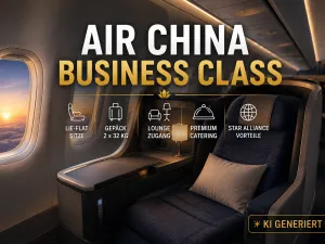 KI-generiertes Titelbild zur Air China Business Class mit stilisierter Premiumkabine und Hinweisen zu Lie-flat-Sitzen, Gep&auml;ck, Lounge und Catering.