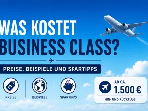 Was kostet Business Class? Titelbild mit Flugzeug vor blauem Himmel sowie Hinweisen zu Preisen, Beispielen und Spartipps.