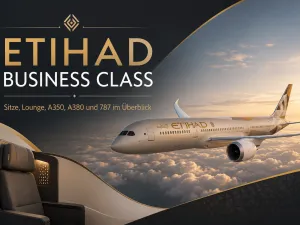 Etihad Business Class mit Etihad Langstreckenflugzeug &uuml;ber den Wolken und Business-Class-Sitz im Vordergrund.