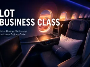 Titelbild zur LOT Business Class mit modernem Business-Class-Sitz, Boeing-787-Bezug und Sonnenuntergang &uuml;ber den Wolken.