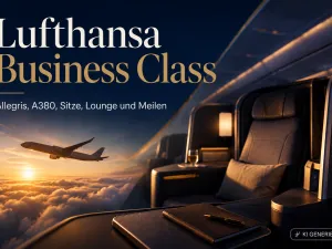 KI-generiertes Titelbild zur Lufthansa Business Class mit stilisierter Premiumkabine, Flugzeug &uuml;ber den Wolken und Informationen zu Allegris, A380, Sitzen, Lounge und Meilen.