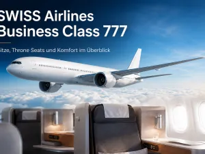 SWISS Airlines Business Class 777 mit Boeing 777 &uuml;ber den Wolken und Business-Class-Sitz im Vordergrund.