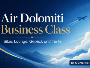 KI-generiertes Titelbild zur Air Dolomiti Business Class mit stilisierter Flugzeug-Illustration &uuml;ber den Wolken und Hinweisen zu Sitzen, Lounge, Gep&auml;ck und Tarifen.