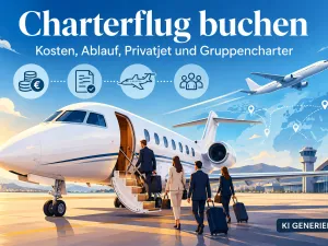 KI-generiertes Titelbild zum Thema Charterflug buchen mit stilisiertem Privatjet, Reisenden, Flughafen und grafischen Symbolen f&uuml;r Kosten, Ablauf und Gruppencharter.