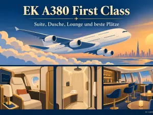 KI-generiertes Titelbild zur EK A380 First Class mit stilisiertem Airbus A380, privater First-Class-Suite, Borddusche und Lounge &uuml;ber Dubai.
