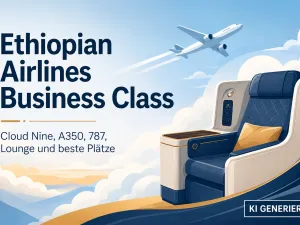 KI-generiertes Titelbild zur Ethiopian Airlines Business Class mit stilisiertem Business-Class-Sitz, Flugzeug &uuml;ber den Wolken und Hinweisen zu Cloud Nine, A350, 787, Lounge und besten Pl&auml;tzen.