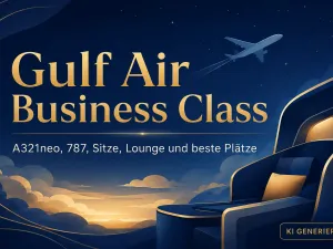 KI-generiertes Titelbild zur Gulf Air Business Class mit stilisiertem Premiumsitz, Flugzeug &uuml;ber den Wolken und Hinweisen zu A321neo, Boeing 787, Lounge und besten Pl&auml;tzen.