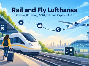KI-generiertes Titelbild zu Rail and Fly Lufthansa mit stilisiertem Zug, Flugzeug, Flughafen und Reisender mit Koffer zur Bahn- und Fluganreise.
