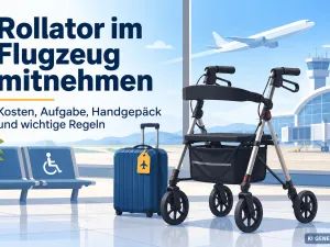 KI-generiertes Titelbild zum Thema Rollator im Flugzeug mitnehmen mit stilisiertem Rollator, Koffer, Flughafen und Flugzeug sowie Hinweisen zu Kosten, Aufgabe, Handgep&auml;ck und wichtigen Regeln.