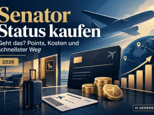 KI-generiertes Titelbild zum Thema Senator Status kaufen mit stilisiertem Flugzeug, Reisekarte, Statuskarte, Punkten und Kosten als grafische Symbole.