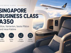 KI-generiertes Titelbild zur Singapore Business Class im Airbus A350 mit stilisiertem Business-Class-Sitz, Wolkenblick und Hinweisen zu Long Haul, Medium Haul, ULR, SilverKris Lounge und Gep&auml;ck.
