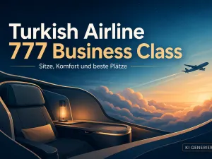 KI-generiertes Titelbild zur Turkish Airline 777 Business Class mit stilisierter Business-Class-Suite, Flugzeug &uuml;ber den Wolken und Hinweisen zu Sitzen, Komfort und den besten Pl&auml;tzen.