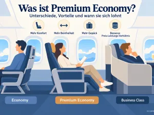 KI-generiertes Titelbild zum Vergleich von Economy, Premium Economy und Business Class mit stilisierten Flugzeugsitzen sowie Hinweisen zu mehr Komfort, Beinfreiheit, Gep&auml;ck und Preis-Leistungs-Verh&auml;ltnis.