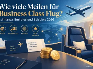 KI-generiertes Titelbild zur Frage, wie viele Meilen f&uuml;r einen Business-Class-Flug ben&ouml;tigt werden, mit stilisiertem Business-Class-Sitz, Flugzeug, Weltkarte und Meilen-Symbolen.