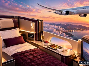 KI-generiertes Titelbild zur Qatar 787 Business Class mit stilisiertem Boeing-787-Langstreckenjet, Business-Class-Suite, Lie-flat-Bett und Sonnenuntergang.