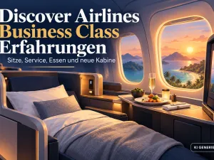 KI-generiertes Titelbild zu Discover Airlines Business Class Erfahrungen mit stilisiertem Business-Class-Sitz, Lie-flat-Bett, Bordmen&uuml; und Fernreiseziel bei Sonnenuntergang.