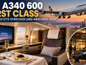 KI-generiertes Titelbild zur LH A340 600 First Class mit stilisiertem Airbus A340-600, First-Class-Sitz, Caviar Service und Hinweis auf die letzten Strecken 2026.