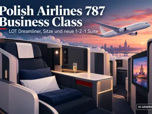 KI-generiertes Titelbild zur Polish Airlines 787 Business Class mit stilisierter Dreamliner-Illustration, moderner Business-Class-Suite und Warschau im Hintergrund.